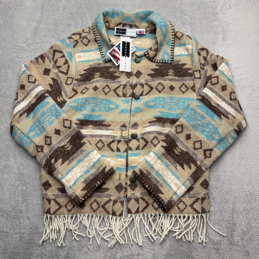 Rhonda Stark Jacket Womens Medium Blue Sonora Fringe Southwestern Aztec Wool